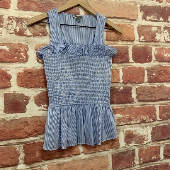 Chelsea 28 Top Women's Small Blue White Striped Ruffle Smocked Sleeveless Blouse - Picture 2 of 8